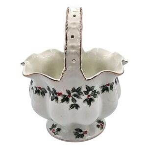 Living Quarters Christmas Holly Berry Ceramic Footed Basket Candy Dish Flowers‎